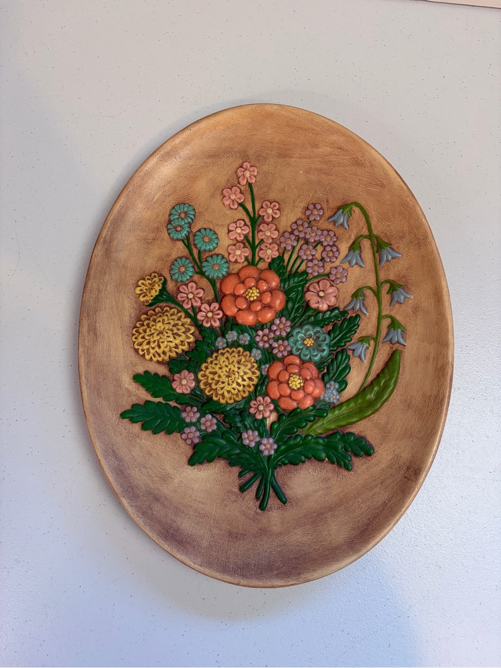 Vintage Cottagecore Floral Rustic Folk Art Pastel Decorative Platter Ceramic 70s